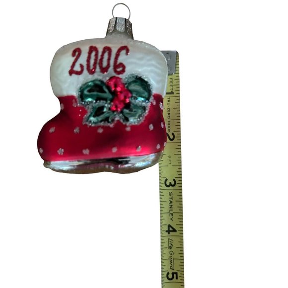 2006 Flocked Santa’s Snow Boot Holly Blown Glass Christmas Ornament Poland 2.5” - Picture 4 of 11